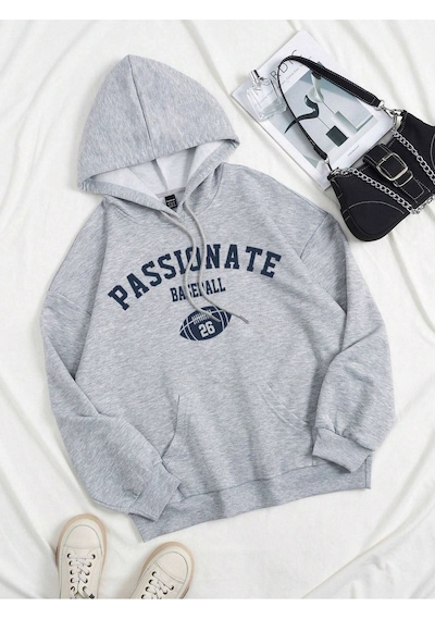 Passionate Baseball Sweatshirt - Gri Baskılı Oversize Kapüşonlu Gri