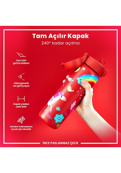 Ion8 - Paslanmaz Çelik İnce Suluk - Kırmızı Unicorn - 600 Ml - Sızdırmaz Çok Renkli