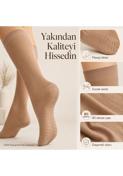 Genel Kadın 3'lü Anne Masaj Tabanlı Dizaltı Çorap 80 Denye Esnek Rahat Günlük Kul Bronz / 36-40 / 3 Adet