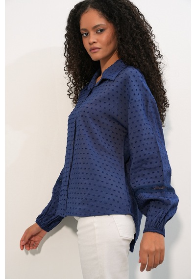 Bigdart Kadın Oversize Desenli Gömlek 20379 - Lacivert Lacıvert