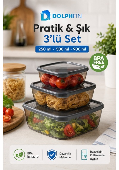 3 Lü Kare Saklama Kabı Seti 250 Ml 500 Ml 900 Ml Füme Şeffaf Bpa İçermez Siyah