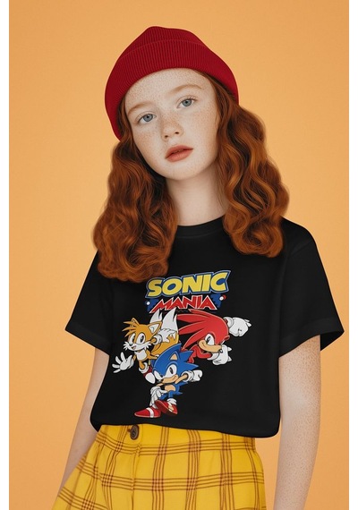 Sevbano Sonic Mania Baskılı Unisex Çizgi Film Çocuk Tişört 1-12 Yaş SIYAH
