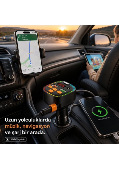 Bluetooth 5.3 Fm Transmitter, Dahili Type-c Kablolu Çift Usb 3.1a Araç Şarjı, Eller Serbest Görüşme, Mp3/wma/flac Ve Tf Kart Destekli 12-24v Led Ekranlı