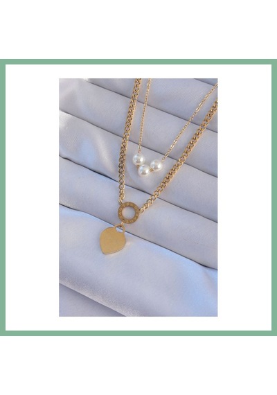 Bşkvirgo 316l Çelik Gold Renk Çift Zincir İnci Detayı Love Kalp Kolye Bsk2026