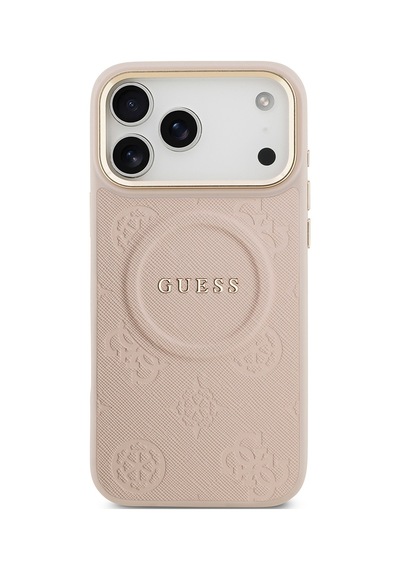 Apple Uyumlu iPhone 17 Pro Max Kılıf Guess Lisanslı M-safeli Sıcak Baskılı Yazı Logolu Pu Deri Peony Pembe Pembe