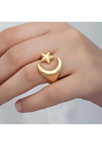 Hedivio 925 Ayar Gümüş Gold Ay Yıldız Kadın Yüzük