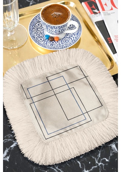 Geometrik Modern Saçaklı Sunum Peçetesi - Minimal Çizgiler Modern Bej Mavi Kahve Yanı Sunum Mendili Çok Renkli