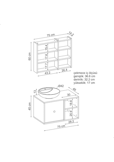 Lavabolu Mdf 75 Cm Çekmeceli Dolabı + Aynalı Üst Dolabı Atl Atlantik Çam