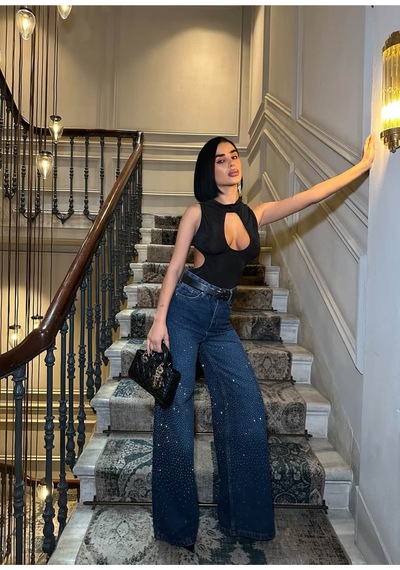 Glammoss L'atelier Yüksek Bel Taş Detaylı Wide Leg Jean Pantolon Bluestone Bluestone