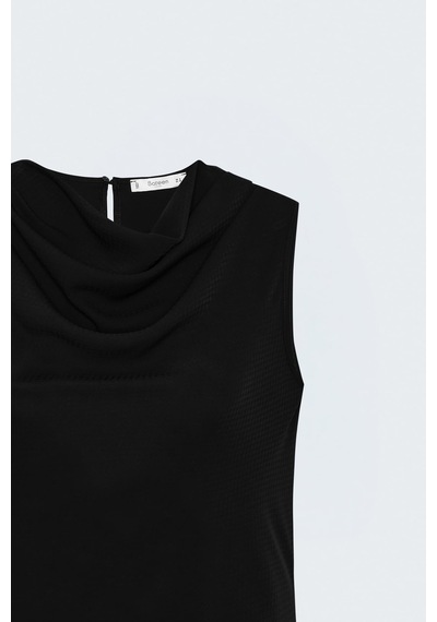 Sateen Desenli Degaje Yaka Bluz - Siyah-137963