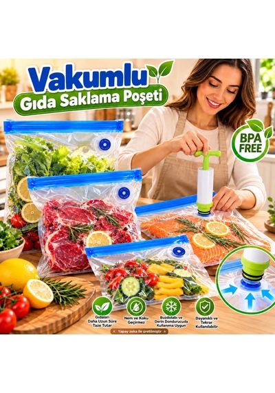 15 Adet Pompalı Vakumlu Gıda Saklama Poşeti 3 Boy Bpa Free Erzak Ve Kilitli Buzluk Seti Şeffaf