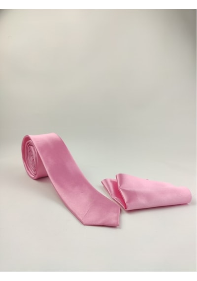 Demfashion Saten Parlak Slim Kravat Mendil Seti Pembe