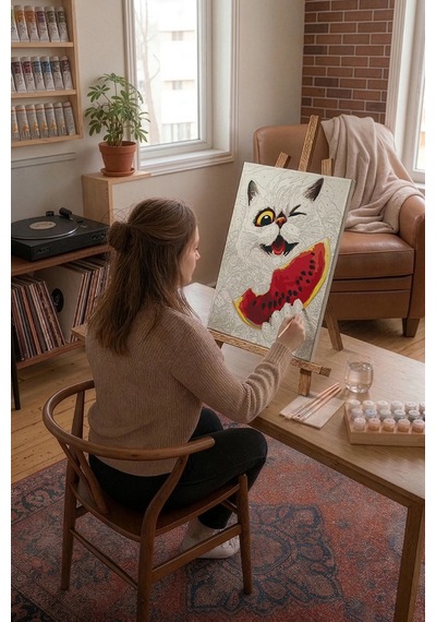 Sayılarla Boyama Seti 40 X 50 Cm Tuval Şasesine Gerili Kedi Ve Karpuz