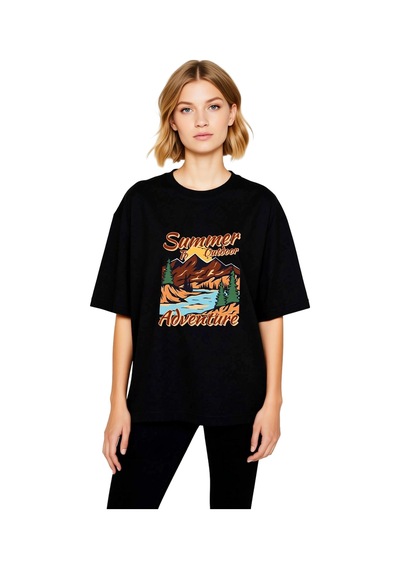 Paybuy Yaz Macerası Retro Tasarım Baskılı Kadın Oversize Tişört Siyah