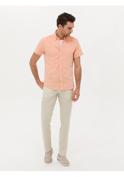 Cacharel Turuncu Slim Fit Keten Karışımlı Kısakol Gömlek