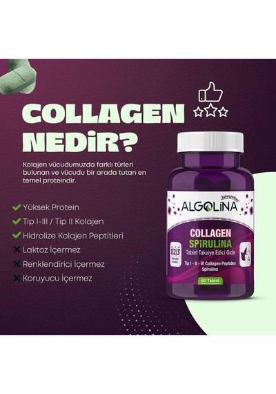 Collagen + Spirulina Tablet Takviye Edici Gıda - 1260 Mg 60 Tablet - Kolajen Tip 1 2 3