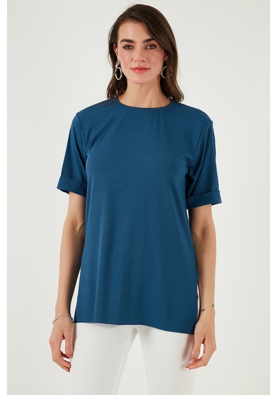 Lela Oversize Bisiklet Yaka Yırtmaç Detaylı Bayan Bluz 5869000 Indigo