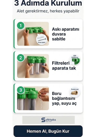 Daire Tipi Tesisat Ve Beyaz Eşya Koruyucu Su Filtresi - 3'lü Kireç Önleyici Merkezi Temizleme Sistemi