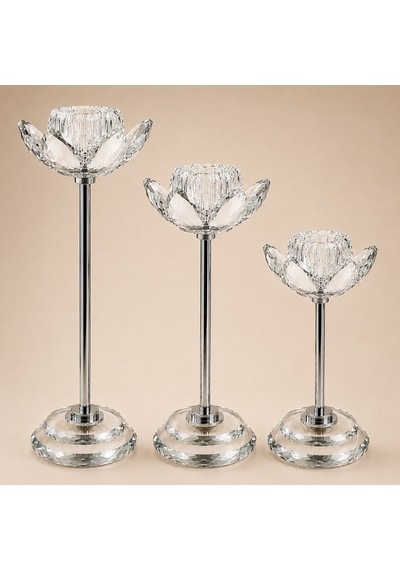 Kristal Lotus Şamdan 3'lü Gümüş Dekoratif Cam Mumluk