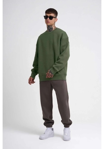 Luz&pos Erkek Biskilet Yaka Üç İplik Sweatshirt - Haki Haki