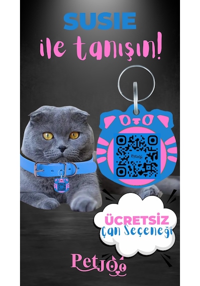 Petjoo 3.Susie Pembe-Mavi Qr'lı Kedi Künyesi