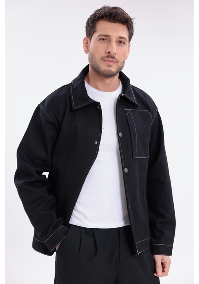 Erkek Dikiş Detaylı Oversize Gabardin Ceket - Mont-392 Siyah