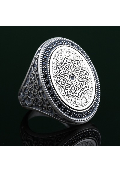 925 Ayar Gümüş Ay Yıldız Motifli Kalem İşlemeli Erkek Yüzük Silver