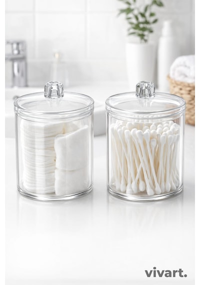 Vivart Şeffaf Pamukluk & Kulak Çubuğu Kabı 2 Li Set Banyo Düzenleyici Organizer Şeffaf