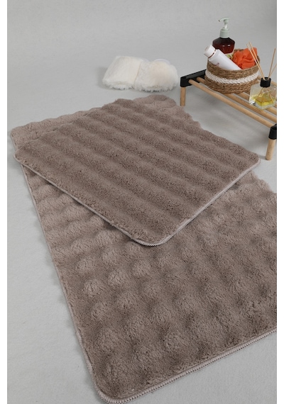Modern Bubble Yıkanabilir Kaymaz Peluş Banyo Paspası Halısı 2'li Klozet Takımı 60x100-50x60cm Vizon Vizon