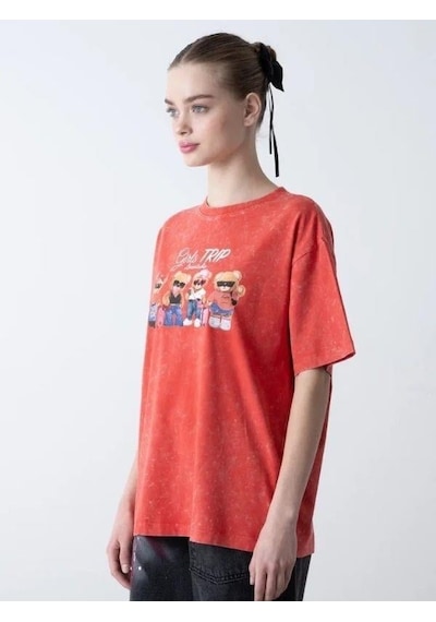 Zekids Kız Çocuk Ayıcık Baskılı Oversize T-shirt-15808 Kırmızı