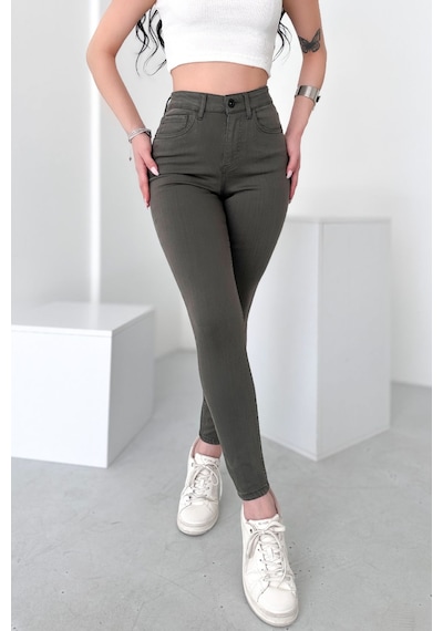 HLT Jeans Kadın Açık Haki Süper Skinny Fit Esnek Likralı Yüksek Bel Jean Kot Pantolon Jennie-2009 Açık Haki