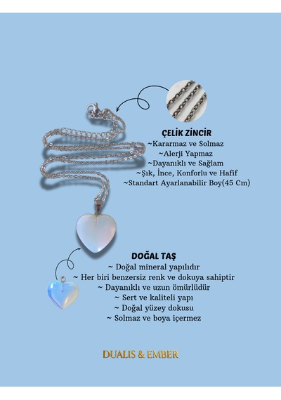 Doğal Taş - Ay Taşı Kalp Kolye Açık Mavi
