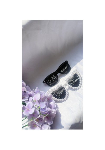 Kişileştirilmiş Gelin Damat Gözlük- Bride Gözlük İncili Siyah - Beyaz