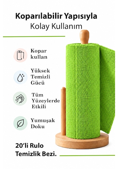 20 Li Rulo Mikrofiber Temizlik Bezi 25x30 Cm Yıkanabilir Kopart Kullan Süper Emici İz Bırakmaz Yeşil