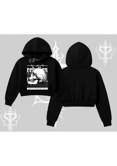 Kapşonlu Crop Sweatshirt Rebellion Skull Underground Street Legacy Siyah