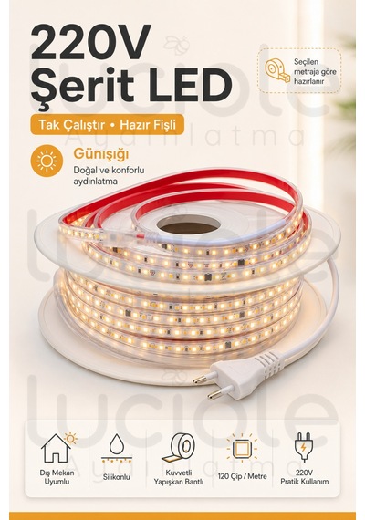 6 Metre 220v Günışığı Şerit Led Hazır Fişli Tak Çalıştır Silikonlu Yapışkanlı