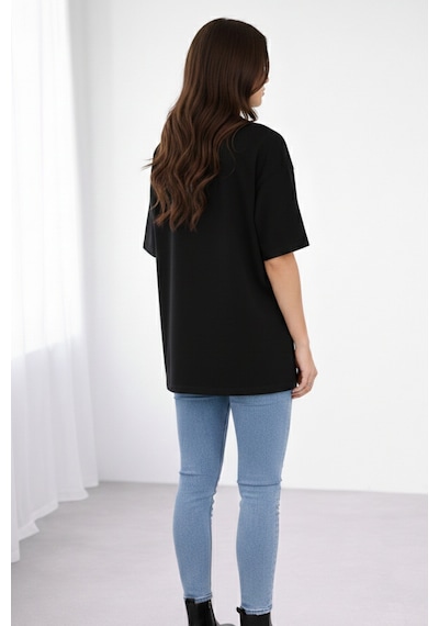 Soft&Basic Kadın %100 Organik Pamuk Baskılı Bisiklet Yaka T-shirt Siyah