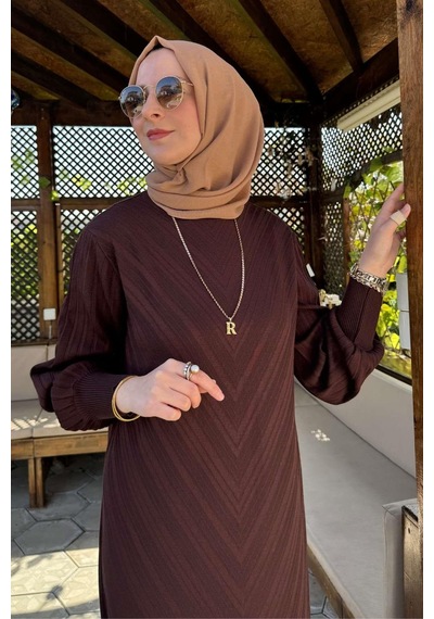 Rabia Şamlı Yağmur Triko Elbise Acı Kahve Normal