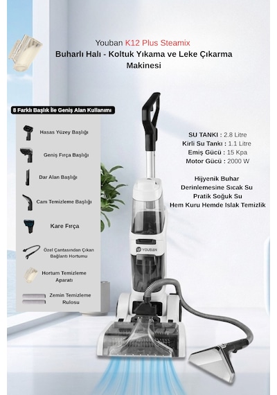 Youban K12 Plus Steamix Buharlı Halı Ve Koltuk Yıkama Makinesi Beyaz
