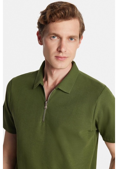 Tudors Erkek Slim Fit Dar Kesim %100 Pamuk Fermuarlı Yeşil Polo Yaka Tişört-34349 Yeşil