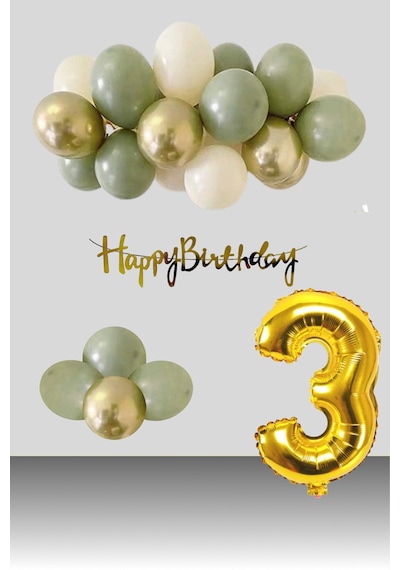 3 Yaş Retro Krom Gold Küf Yeşili Kum Beji Balon Happy Birthday Banner Gold Rakam Doğum Günü Süsleme Çok Renkli