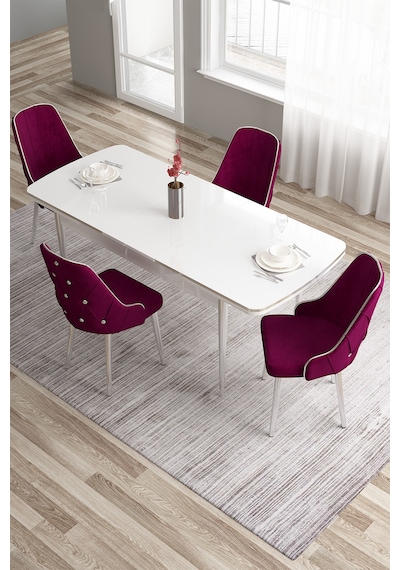Canisa Tia Serisi 80x132 Açılabilir Mdf Mutfak Masası Takımı Beyaz Masa Krom Detay 4 Mürdüm Sandalye Masa Beyaz Sandalye Mürdüm Canisa Tia Serisi 80x132 Açılabilir Mdf Mutfak Masası Takımı Beyaz Masa Krom Detay 4 Mürdüm Sandalye Masa Beyaz Sandalye Mürdüm