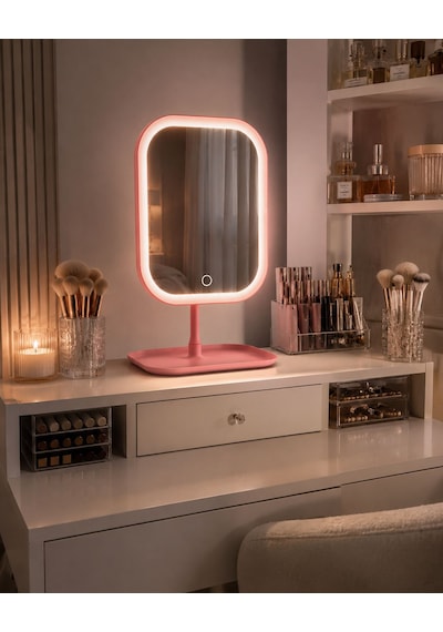 Led Işıklı Dimmerli Usb Şarjlı Dokunmatik Makyaj Aynası Pembe - 3 Renk Işık Modu 360 Döner Masaüstü Ayna Kare