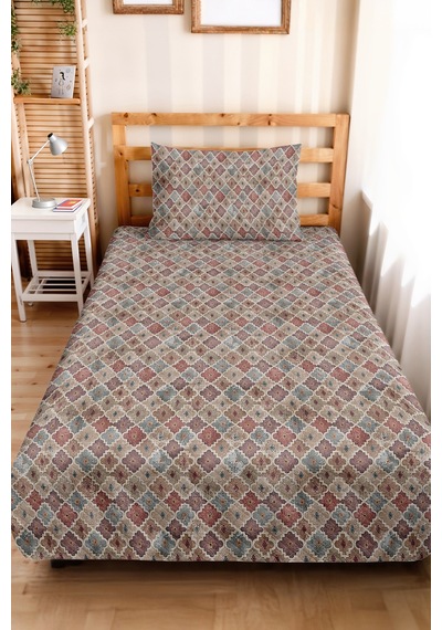 Bohem Geometrik Bej Tek Kişilik Pike Takımı - Mavi Gül Kurusu Otantik Yazlık Yatak Örtüsü 160x220 Cm Kırık Ufuk Çizgisi