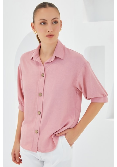 Bigdart Kadın Pembe Kısa Kol Oversize Keten Gömlek 20240 20240bgd19-035-14866 001