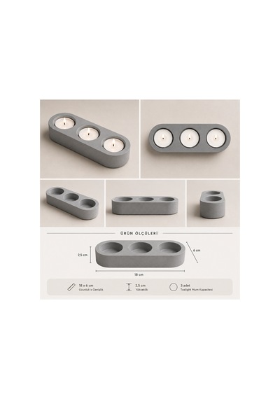 3'lü Tealight Mumluk Dekoratif Şamdan Modern Mumluk Ev Dekorasyonu Gri - 901556277 Gri - 901556277 Gri