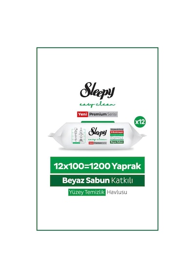 Sleepy Easy Clean Premium Beyaz Sabun Katkılı Yüzey Temizlik Havlusu Mendili 12x100 1200 Yaprak Diğer