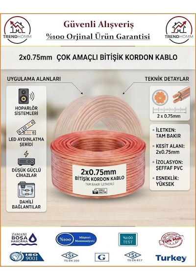 Trendhomm 2x0,75 Bitişik Hoparlör Tesisat Kablosu - %100 Bakır - Şeffaf - 30 Metre