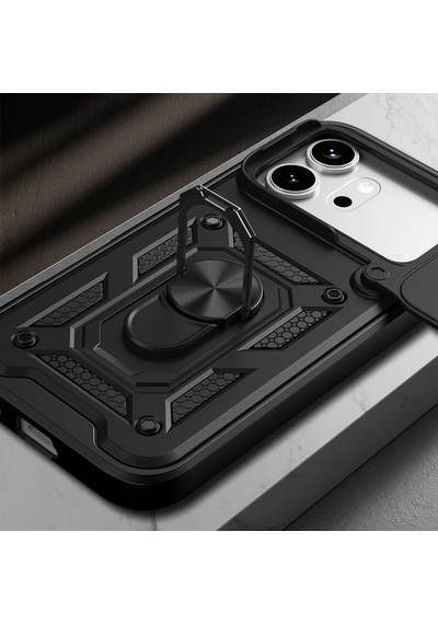 Honor 600 Pro 5g Kılıf Magnetik Standlı Kamera Korumalı Zore Sürgülü Vega Kapak Siyah