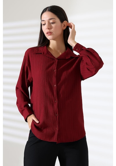 Ribana Regular Fit Uzun Kollu Durres Dokulu Kadın Gömlek Bordo